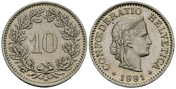 Швейцария 10 раппенов 1991 KM 27 медно-никель 4173-1056