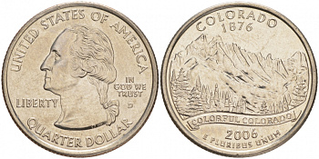 США 25 центов (квотер) 2006 D, серия штаты США, Колорадо KM 384 медь плакированная медно-никелем UNC M25-12