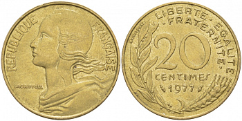 ФРАНЦИЯ 20 САНТИМОВ 1977 ТИП MARIANNE KM 930, LE FRANC 156.17 алюминиевая бронза 4402-956