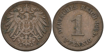 Германия 1 пфенниг 1908 E KM 10, J. 10 медь 4567-1266
