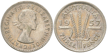 Австралия 3 пенса 1957 m, Елизавета II (1952-2022) KM 57 серебро 4621-1243