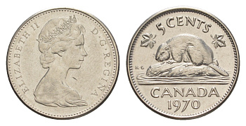 Канада 5 центов 1970 Елизавета II (1952-2022), бобр, редкий год KM 60.1 никель 4639-455
