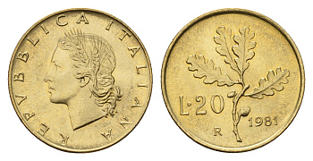 Италия 20 лир 1981 R, дубовые листья KM 97.2 алюминиевая бронза UNC 4649-933