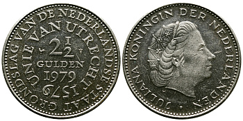 Нидерланды 2 1/2 гульдена 1979 400 лет Утрехтскому союзу, Юлиана (1949-1980) KM 197 никель 45-736