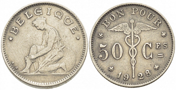 БЕЛЬГИЯ 50 САНТИМОВ 1928 BELGIQUE KM 87 никель 261-1621
