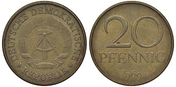 ГДР 20 пфеннигов 1969 А, первый год KM 11 латунь 62-1215