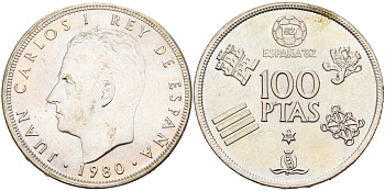 Испания 100 песет 1980 (80) чемпионат мира по футболу в Испании 82, Хуан Карлос I KM 820 медно-никель UNC 114-1016