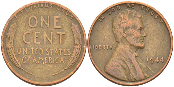 США 1 цент 1944 Линкольн KM А132 медь цинк 218-156