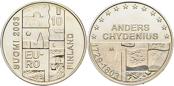 Финляндия 10 евро 2003 200 лет со дня смерти Андерса Чудениуса KM 110 серебро  UNC  1098-3-13