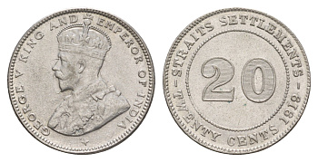 Стрейтс-Сетлментс (Стрейтс Сетлментс) 20 центов 1919 B, Георг V (1910-1936), год-тип KM 30a серебро 1522-134