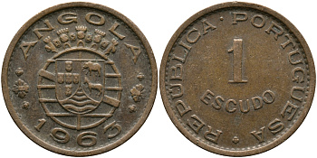 Португальская Ангола 1 эскудо 1963 KM 76 бронза 33-914