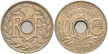 Франция 10 сантимов 1935 тип Линдайё KM 866а медно-никель 4116-511