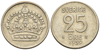 Швеция 25 эре 1959 TS, Густав VI Адольф (1950-1973) KM 824 серебро 4609-969