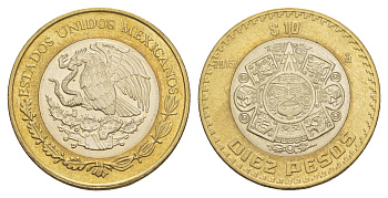 Мексика 10 песо 2015 Мо, бог Тонатиуха с огненной маской KM 616 биметалл aUNC 4637-734