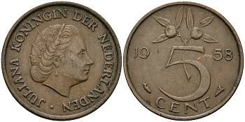 НИДЕРЛАНДЫ 5 ЦЕНТОВ 1958 ЮЛИАНА KM 181 бронза 95-337