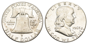 США 1/2 доллара (50 центов) 1963 Бенджамин Франклин, колокол KM 199 серебро  aUNC  4574-1133