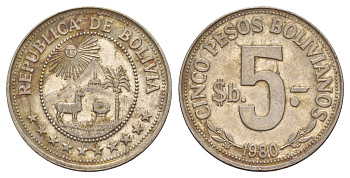 Боливия 5 песо 1980 KM 197 сталь плакированная никелем UNC 4645-744