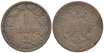Австрия 1 крейцер 1859 В, Франц Иосиф I (1848-1916) KM 2186 медь 100-933