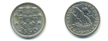 ПОРТУГАЛИЯ 2,5 ЭСКУДО 1979 ПАРУСНИК KM 590 медно-никель 176-152