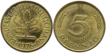 ФРГ 5 пфеннигов 1976 G KM 107, J.382 сталь плакированная латунью 99-111