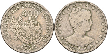 Бразилия 400 рейс 1901 голова свободы вправо KM 505 медно-никель 4367-215