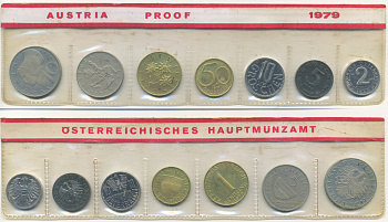 Австрия набор из 7 монет  1979  2, 5, 10, 50 грошей, 1, 5, 10 шиллингов, в целлофане KM PS 39 PROOF 4400-4-1