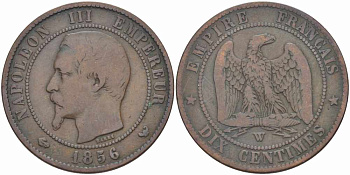 Франция 10 сантимов 1856 W, Наполеон III (1852-1870) KM 771.7, Le Franc 133.38 бронза    4680-626