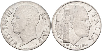ИТАЛИЯ 20 ЧЕНТЕЗИМО 1941 R, ГОД XIX, ВИКТОР ЭММАНУИЛ III (1900-1946) KM 75b, VEM3. 1028 нержавеющая сталь 3853-1132