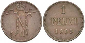 Россия для Финляндии 1 пенни 1909 Николай II (1894-1917) KM 13, Биткин 470 медь 4396-1317