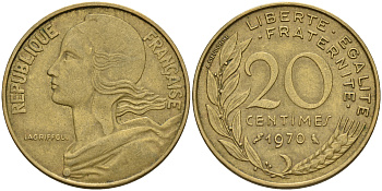 Франция 20 сантимов 1970 тип Marianne KM 930 алюминиевая бронза    4603-113