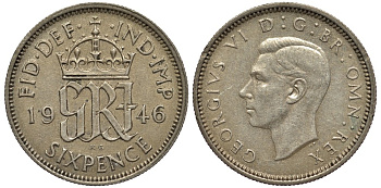 Великобритания 6 пенсов 1946 Георг VI (1936-1952) KM 852, Spink 4084 серебро 4538-623