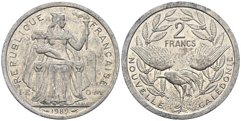 Французская Новая Каледония 2 франка 1989 птица кагу, (IEOM) KM 14, Schoen 11, Lec 65 алюминий    24-724