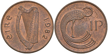 Ирландия 1 пенни 1982 мифологическая птица лира KM 20 бронза 4146-427