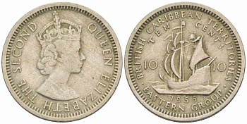 Британские Восточно-Карибские территории 10 центов 1955 Елизавета II (1952-2022), парусник KM 5 медно-никель 105-522