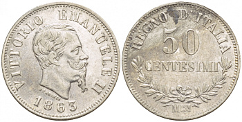 Италия 50 чентезимо 1863 N, Виктор Эммануил II (1861-1878) KM 14.2 серебро 4547-964