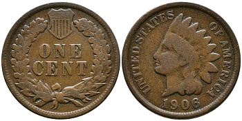 США 1 ЦЕНТ 1906 ИНДЕЕЦ, INDIAN HEAD KM 90а бронза 4543-1117
