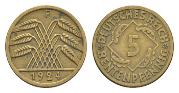 Германия 5 рентенпфеннигов 1924 F KM 32, J. 308 алюминиевая бронза 4644-1129