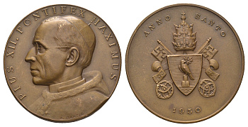 Ватикан медаль в память провозглашения 1950 года «Святым» папой Пийем XII 1950 Пий XII, диаметр 40 мм, вес 31,5 гр бронза 4127-1725