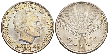 Уругвай 20 сентесимо 1954 Хосе Хервасио Артигас KM 36 серебро UNC 4609-148
