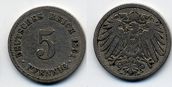 ГЕРМАНИЯ 5 ПФЕННИГОВ 1891 A, KM 11, J. 12 медно-никель 51-5066
