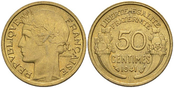 ФРАНЦИЯ 50 САНТИМОВ 1941 ТИП MORLON KM 894.1, LE FRANC 192.18 алюминиевая бронза 44-645