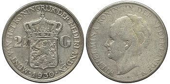 Нидерланды 2 1/2 гульдена 1930 Вильгельмина I (1890-1948) KM 165 серебро 443-421