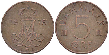 ДАНИЯ 5 ЭРЕ 1978 S; B, МАРГРЕТЕ II (1972-) KM 859.1 железо плакированное медью 4392-453