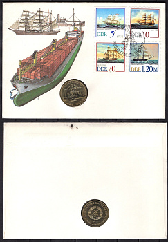 ГДР 5 марок 1988 30 лет порту города Росток, в конверте с маркой (КПД - Конверт первого дня Гашения) KM 121 медь цинк никель UNC 9000-43