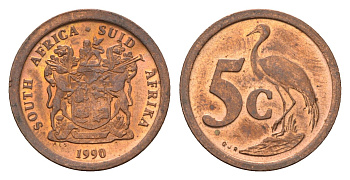 ЮАР 5 центов 1990 герб, райский журавль KM 134 сталь плакированная медью UNC 4687-144