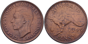 Австралия 1 пенни 1943 p, Георг VI (1936-1952), кенгуру, без буквы I KM 36 бронза 82-742