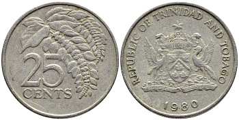 Тринидад и Тобаго 25 центов 1980 цветок дикая пуансеттия KM 32 медно-никель 4396-756
