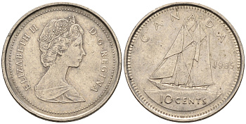 Канада 10 центов 1985 Елизавета II, парусник KM 77.2 никель    4147-364