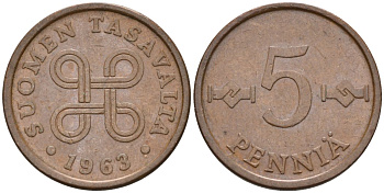 Финляндия 5 пенни 1963 KM 45 медь 4588-759