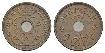 Дания 5 эре 1940 N, Кристиан X (1912-1947) KM 828 бронза 4638-636